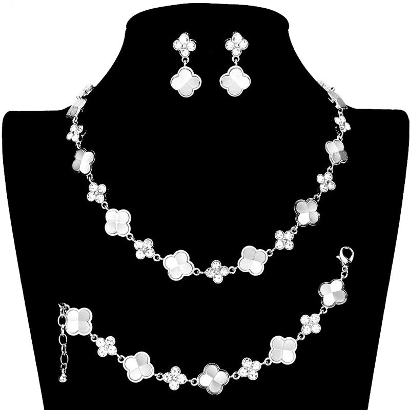 Silver Stone Embellished Quatrefoil Link Necklace Jewelry Set, Beautifully crafted design adds a gorgeous glow to any outfit. Get ready Necklace with a bright Bracelet. Perfect for adding just the right amount of shimmer & shine and a touch of class to special events. Perfect Birthday Gift, Anniversary Gift, etc.