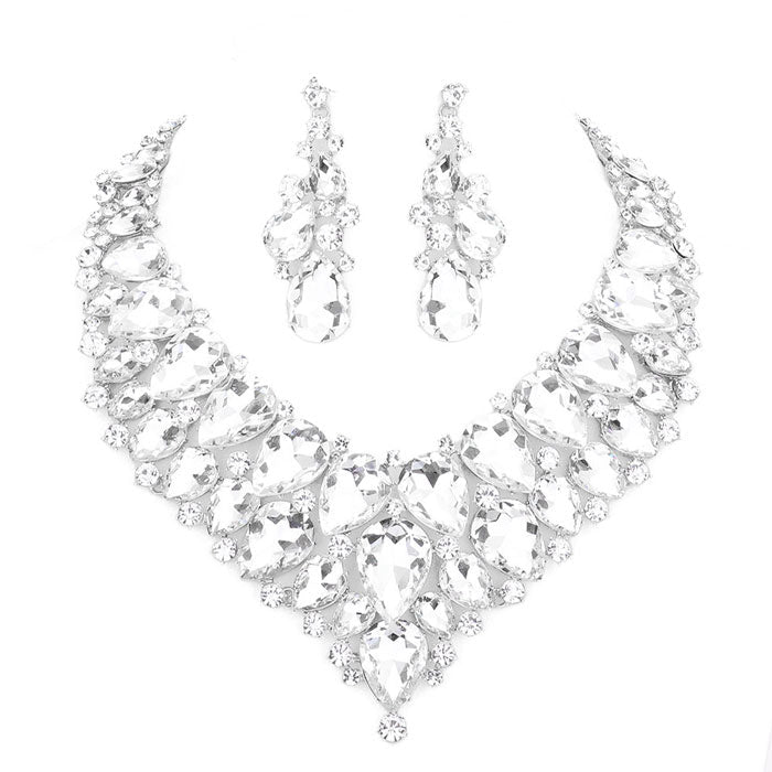 Silver Teardrop Cluster Rhinestone Collar Necklace. Beautifully crafted design adds a gorgeous glow to any outfit. Jewelry that fits your lifestyle! Perfect Birthday Gift, Anniversary Gift, Mother's Day Gift, Anniversary Gift, Graduation Gift, Prom Jewelry, Just Because Gift, Thank you Gift.