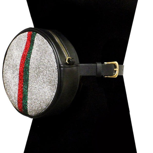 Striped Rhinestone Pave Bling Round Clutch Crossbody Chain Belt Bag Fanny Pack, look like the ultimate fashionista when carrying this small chic bag, great for when you need something small to carry or drop in the bag. Perfect Birthday Gift, Valentine's Day Gift, Anniversary Gift, Love You Gift, Mother's Day Gift, Thank you Gift