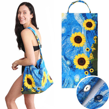 Sunflower Starry Night Print Beach Towel and Tote Bag, Starry Night Beach Towel enjoy summer vibes, day at the beach, pool, vacay! Toss your bathing suit, suntan lotion, get ready to go. Great Birthday Gift, Anniversary Gift, Mother's day gift, Beach Accessory, Getaway, Vacation, Pool, Sunflower Beach Towel in a Tote