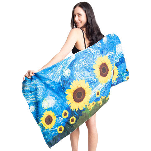 Sunflower Starry Night Print Beach Towel and Tote Bag, Starry Night Beach Towel enjoy summer vibes, day at the beach, pool, vacay! Toss your bathing suit, suntan lotion, get ready to go. Great Birthday Gift, Anniversary Gift, Mother's day gift, Beach Accessory, Getaway, Vacation, Pool, Sunflower Beach Towel in a Tote