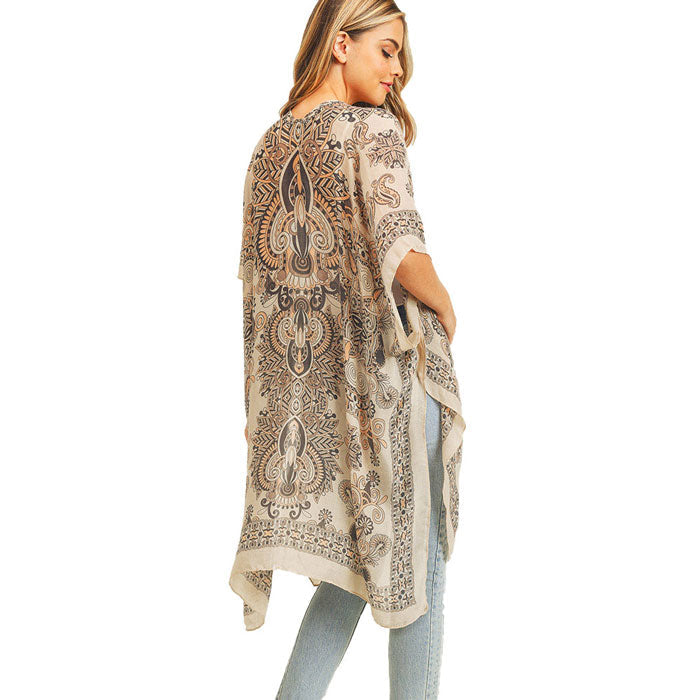 Taupe Bohemian Patterned Cover Up Kimono Poncho, The lightweight poncho top is made of soft and breathable Polyester material. short sleeve swimsuit cover up with open front design, simple basic style, easy to put on and down. Perfect Gift for Wife, Mom, Birthday, Holiday, Anniversary, Fun Night Out.