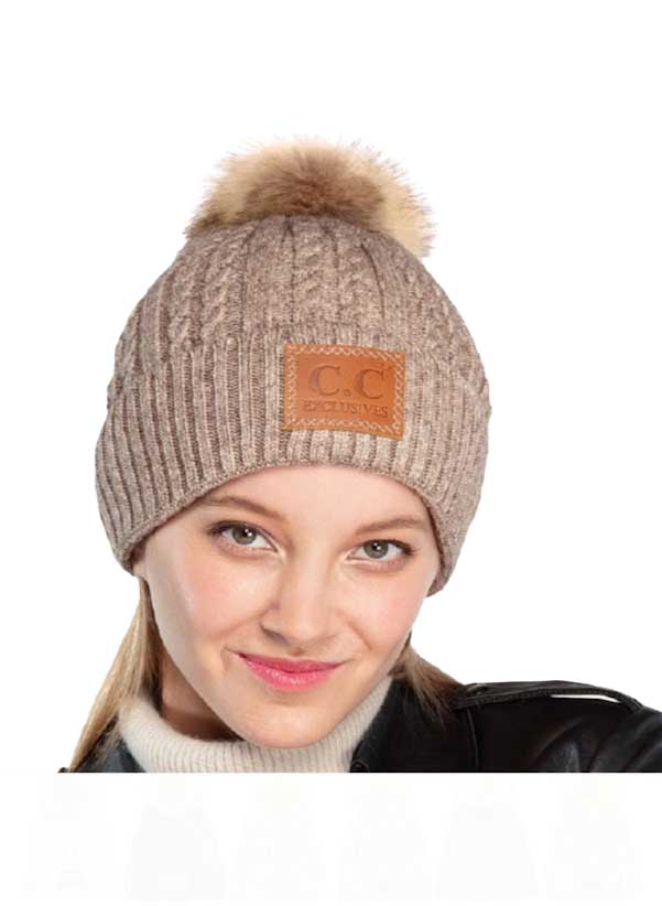 Double Braided Knit Faux Fur Pom Beanie