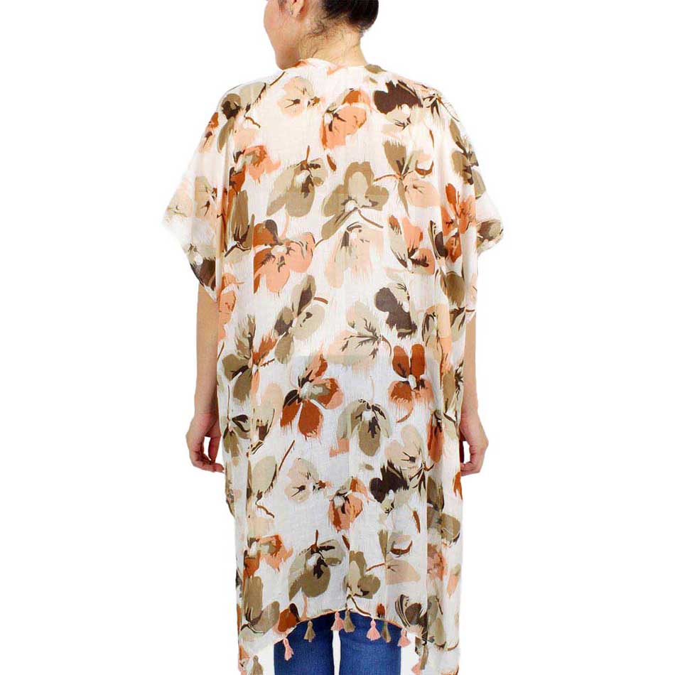 Taupe Flower Printed Cover Up Kimono Poncho, These Poncho featuring a flower printed design prints easy to pair with so many tops. Lightweight and Breathable Fabric, Comfortable to Wear. Suitable for Weekend, Work, Holiday, Beach, Party, Club, Night, Evening, Date, Casual and Other Occasions in Spring, Summer and Autumn.