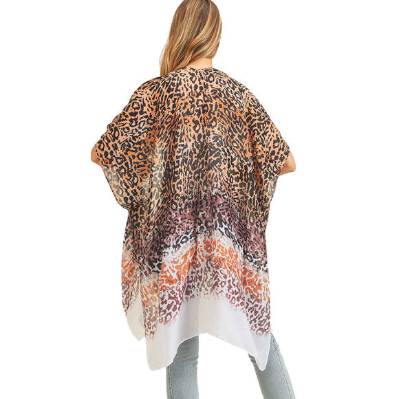 Taupe Multi Color Leopard Patterned Cover Up Kimono Poncho, The lightweight Poncho top is made of soft and breathable Polyester material. short sleeve swimsuit cover up with open front design, simple basic style, easy to put on and down. Perfect Gift for Wife, Mom, Birthday, Holiday, Anniversary, Fun Night Out.