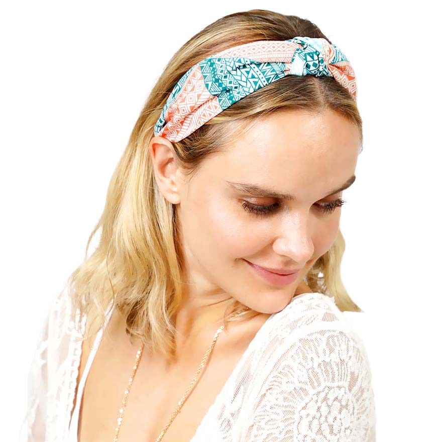Teal Aztec Patterned Burnout Knot Headband, this headband with a beautiful Aztec pattern creates a natural look while perfectly matching your color with the easy-to-use knot headband. Adds a super neat and trendy knot to any boring style. Be the ultimate trendsetter wearing this chic headband with all your stylish outfits!