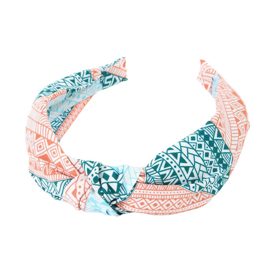 Teal Aztec Patterned Burnout Knot Headband, this headband with a beautiful Aztec pattern creates a natural look while perfectly matching your color with the easy-to-use knot headband. Adds a super neat and trendy knot to any boring style. Be the ultimate trendsetter wearing this chic headband with all your stylish outfits!