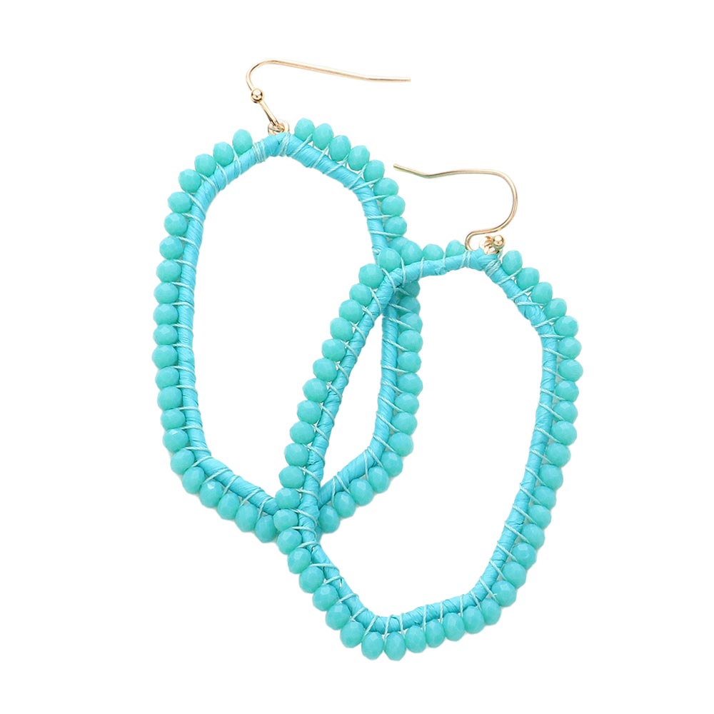 Turquoise Faceted Bead Trimmed Raffia Wrapped Open Hexagon Earrings, enhance your attire with these beautiful raffia earrings to show off your fun trendsetting style. Get a pair as a gift to express your love for woman any person or just for you on birthdays, Mother’s Day, Anniversary, Holiday, Christmas, Parties, etc.