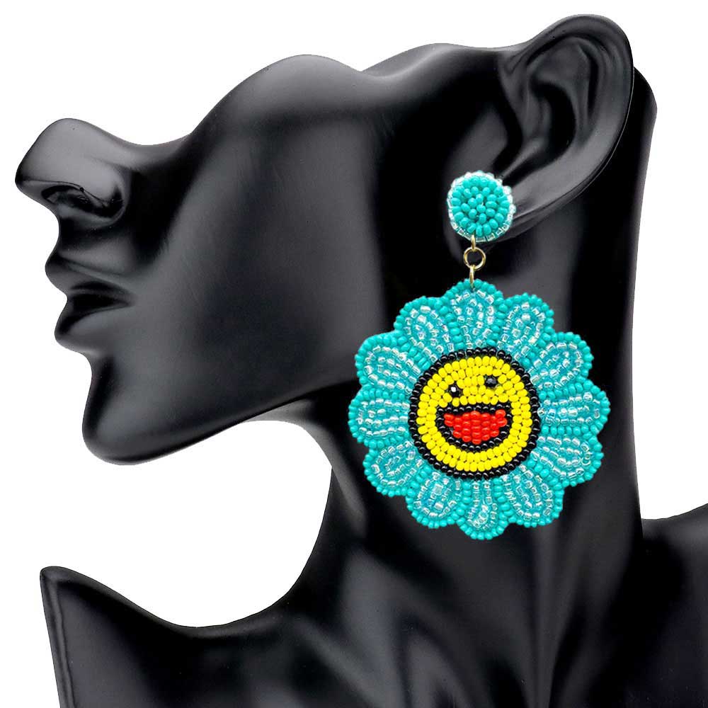 Turquoise Felt Back Seed Beaded Smile Flower Dangle Earrings, Beaded Flower Smiley Face Earrings fun handcrafted jewelry that fits your lifestyle, adding a pop of pretty color. Enhance your attire with these vibrant artisanal earrings to show off your fun trendsetting style. Coordinate these earrings with any ensemble from business casual to everyday wear, ideal for parties, events, holidays.