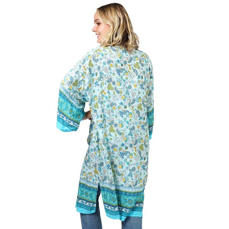 Turquoise Floral Patterned Cover Up Kimono Poncho, Lightweight and soft brushed fabric exterior fabric that makes you feel more comfortable. A fashionable eye-catcher will quickly become one of your favorite accessories, looking breezy and cool as you head to the beach.