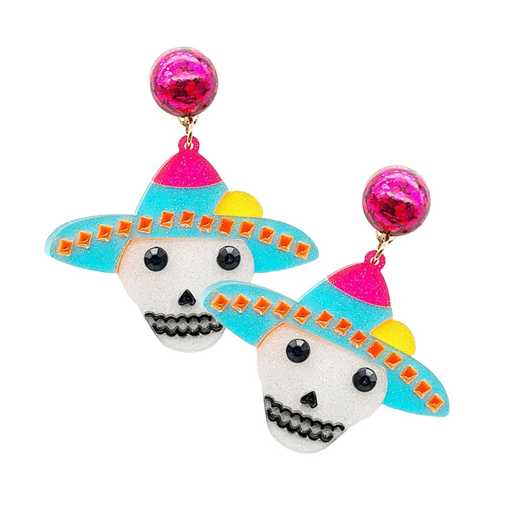 Turquoise Glittered Resin Hat Skull Dangle Earrings, Get ready with these Halloween theme dangle earrings as part of your Halloween costume, or to dress up any outfit for Halloween. It can give you a more festive feeling and a different temperament. The colors are vibrant and the design is a seasonal delight.
