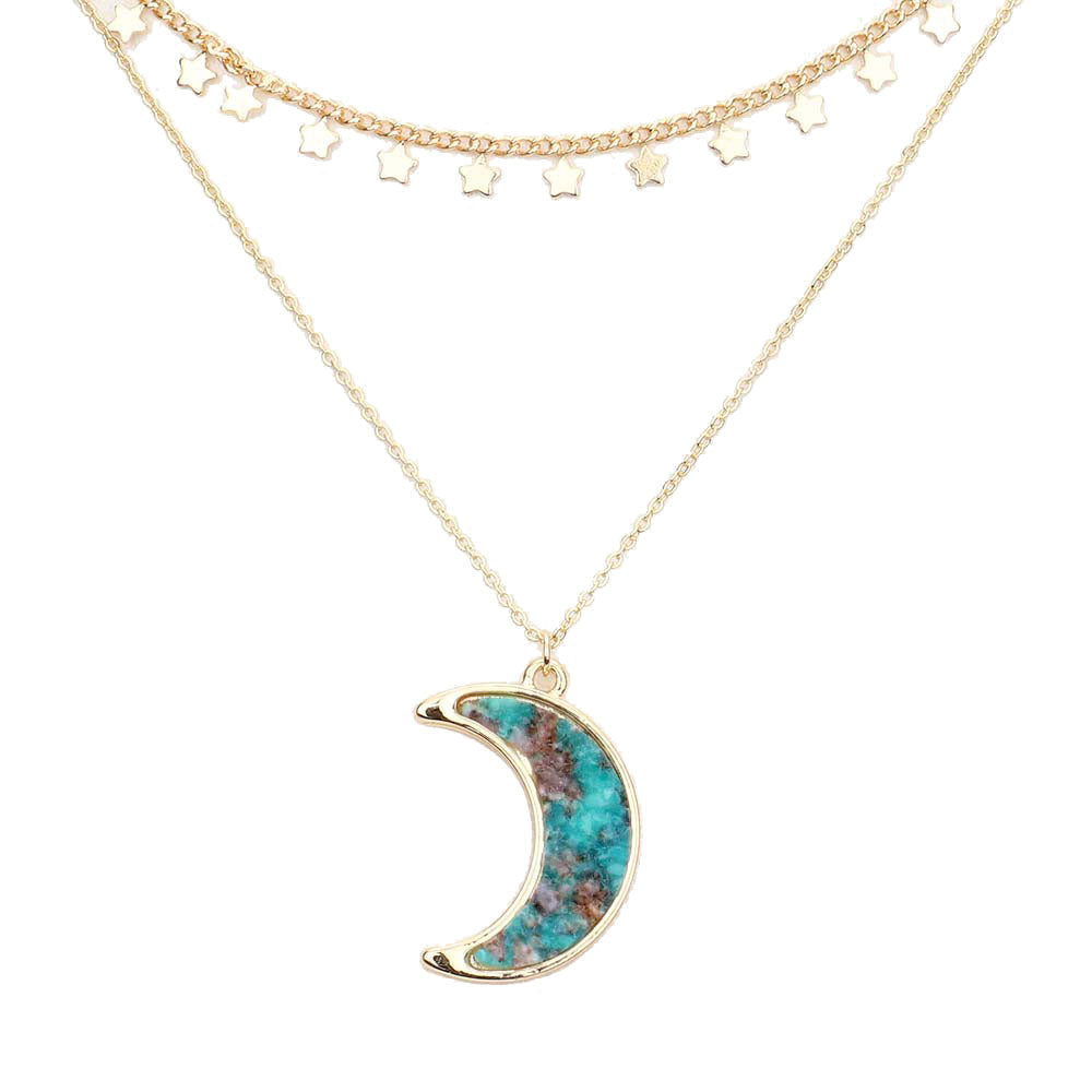 Turquoise Metal Star Station Druzy Crescent Moon Pendant Double Layered Necklace. Beautifully crafted design adds a gorgeous glow to any outfit. Jewelry that fits your lifestyle! Perfect Birthday Gift, Anniversary Gift, Mother's Day Gift, Anniversary Gift, Graduation Gift, Prom Jewelry, Just Because Gift, Thank you Gift.