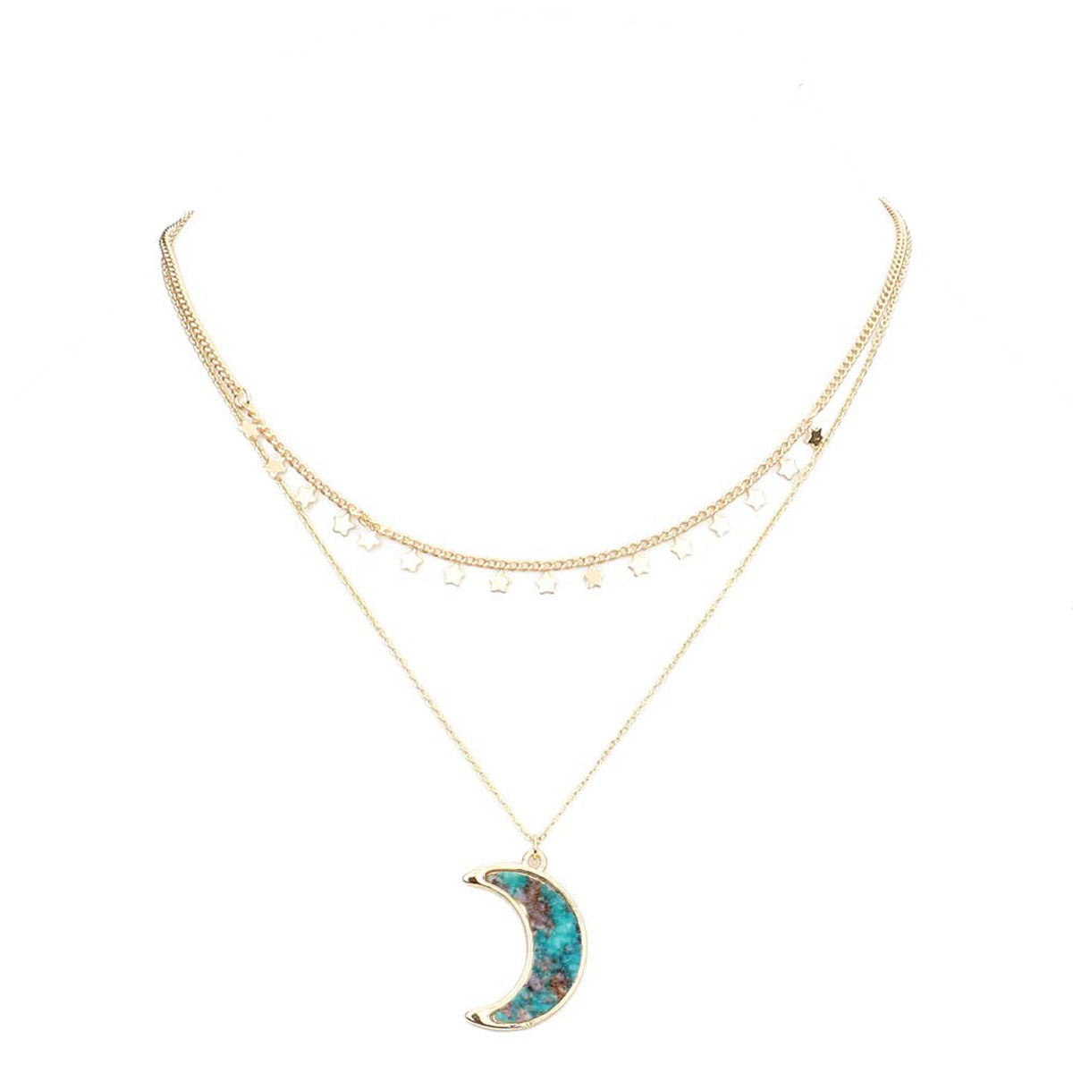 Turquoise Metal Star Station Druzy Crescent Moon Pendant Double Layered Necklace. Beautifully crafted design adds a gorgeous glow to any outfit. Jewelry that fits your lifestyle! Perfect Birthday Gift, Anniversary Gift, Mother's Day Gift, Anniversary Gift, Graduation Gift, Prom Jewelry, Just Because Gift, Thank you Gift.