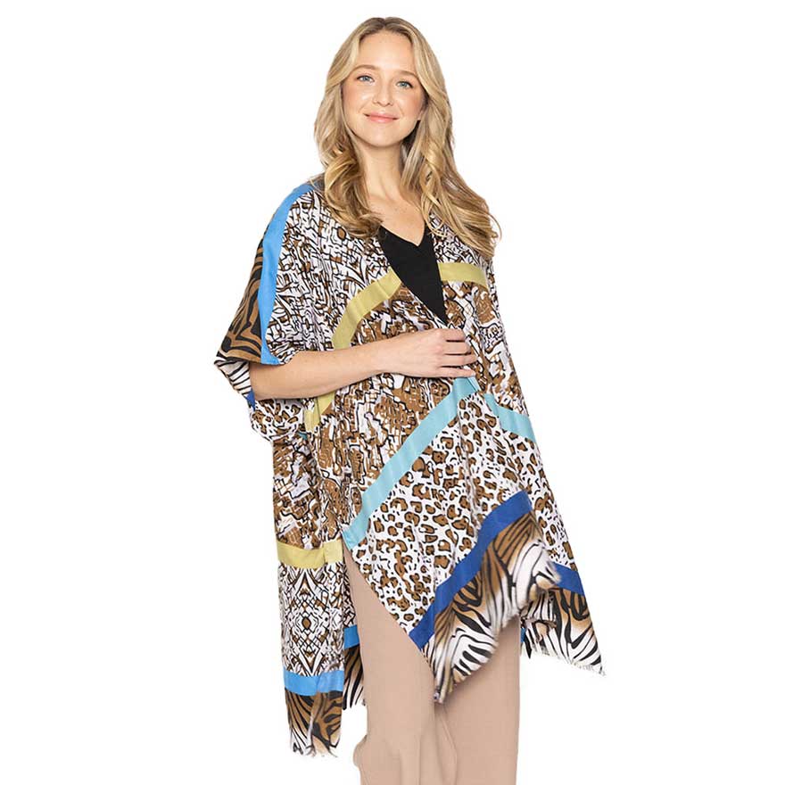 Turquoise Multi Animal Printed Cover Up Kimono Poncho, The lightweight Kimono poncho top is made of soft and breathable Acrylic material. short sleeve swimsuit cover up with open front design, simple basic style, easy to put on and down. Perfect Gift for Wife, Mom, Birthday, Holiday, Anniversary, Fun Night Out.