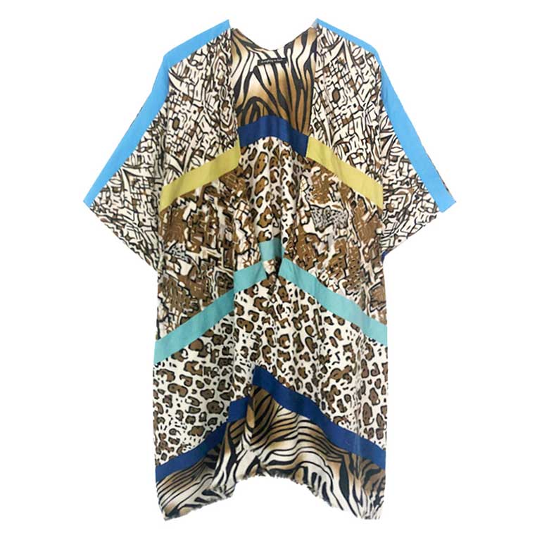 Turquoise Multi Animal Printed Cover Up Kimono Poncho, The lightweight Kimono poncho top is made of soft and breathable Acrylic material. short sleeve swimsuit cover up with open front design, simple basic style, easy to put on and down. Perfect Gift for Wife, Mom, Birthday, Holiday, Anniversary, Fun Night Out.