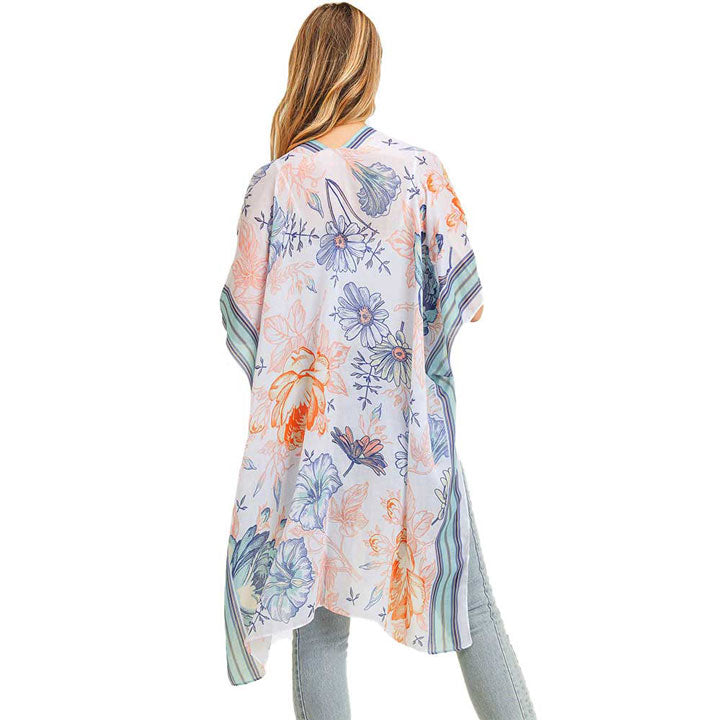 Turquoise Multi Flower Patterned Cover Up Kimono Poncho, Luxurious, trendy, super soft chic capelet, keeps you warm and toasty. You can throw it on over so many pieces elevating any casual outfit! Perfect Gift for Wife, Birthday, Holiday, Christmas, Anniversary, Fun Night Out, Valentine's Day Gift.