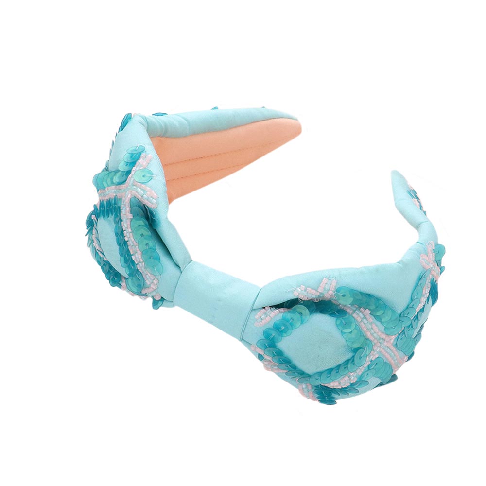 Turquoise Sequin Beaded Check Patterned Knot Burnout Headband, the combination of sequins and pearls sewn on an oversized headband will make you feel extra glamorous. Add a super neat and trendy knot to any boring style. Perfect for everyday wear, outdoor festivals, and more. Awesome gift idea for your loved one or yourself.