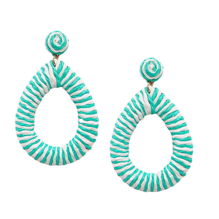 Turquoise Wrapped Raffia Open Teardrop Dangle Earrings, fun handcrafted jewelry that fits your lifestyle, adding a pop of pretty color. Beautifully crafted design adds a gorgeous glow to any outfit. Enhance your attire with these vibrant artisanal earrings to show off your fun trendsetting style. Great gift idea for Wife, Mom, or your Loving One.