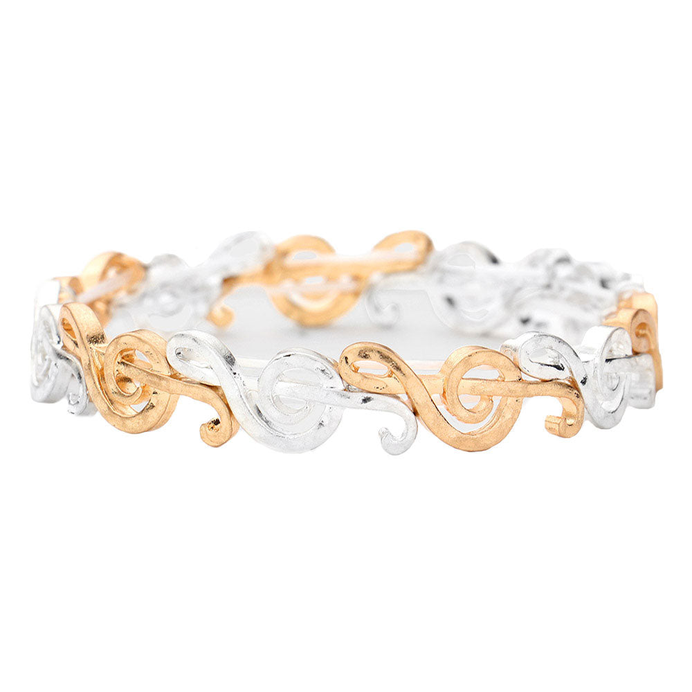 Two Tone Metal Treble Clef Stretch Bracelet, Get ready with these Stretch Evening Bracelet, put on a pop of color to complete your ensemble. Perfect for adding just the right amount of shimmer & shine and a touch of class to special events. Perfect Birthday Gift, Anniversary Gift, Mother's Day Gift, Graduation Gift.