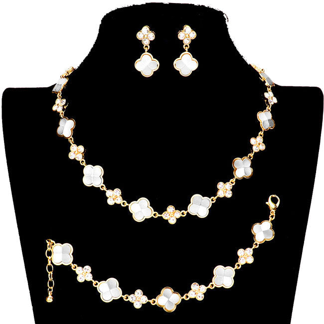 Two Tone Stone Embellished Quatrefoil Link Necklace Jewelry Set, Beautifully crafted design adds a gorgeous glow to any outfit. Get ready Necklace with a bright Bracelet. Perfect for adding just the right amount of shimmer & shine and a touch of class to special events. Perfect Birthday Gift, Anniversary Gift, etc.