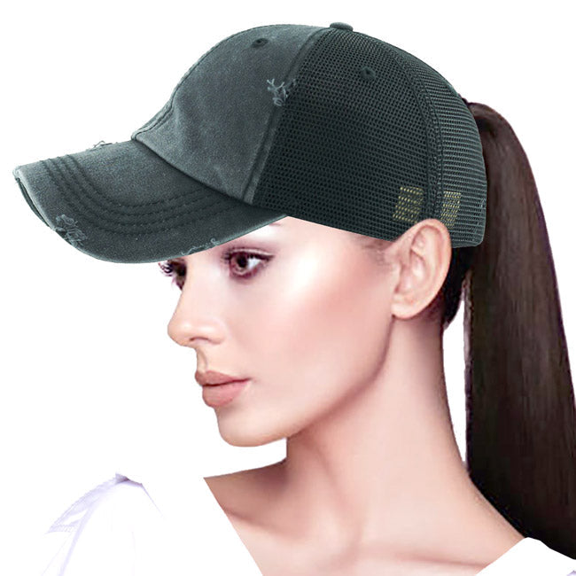 Distressed Black Mesh Ponytail Trucker Cap Vintage Black Mesh Ponytail Baseball Cap, comfy vintage cap great for a bad hair day, pull your bun or ponytail thru the back opening, keep your hair away from face while exercising, running, playing sports or just taking a walk. Perfect Birthday Gift, Mother's Day Gift, Anniversary Gift, Thank you Gift, Graduation