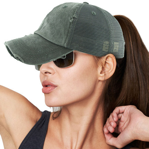 Distressed Dark Gray Mesh Ponytail Trucker Cap Vintage Dark Gray Mesh Ponytail Baseball Cap, comfy vintage cap great for a bad hair day, pull your bun or ponytail thru the back opening, keep your hair away from face while exercising, running, playing sports or just taking a walk. Perfect Birthday Gift, Mother's Day Gift, Anniversary Gift, Thank you Gift, Graduation
