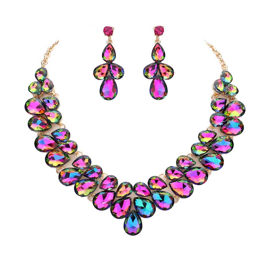 Vitrail Teardrop Stone Cluster Evening Necklace, These gorgeous Stone pieces will show your class in any special occasion. The elegance of these Stone goes unmatched, great for wearing at a party! stunning jewelry set will sparkle all night long making you shine out like a diamond. perfect for a night out or a black tie party. Awesome gift for Birthday, Anniversary, Prom, Mother's Day Gift, Sweet 16, Wedding, Bridesmaid.