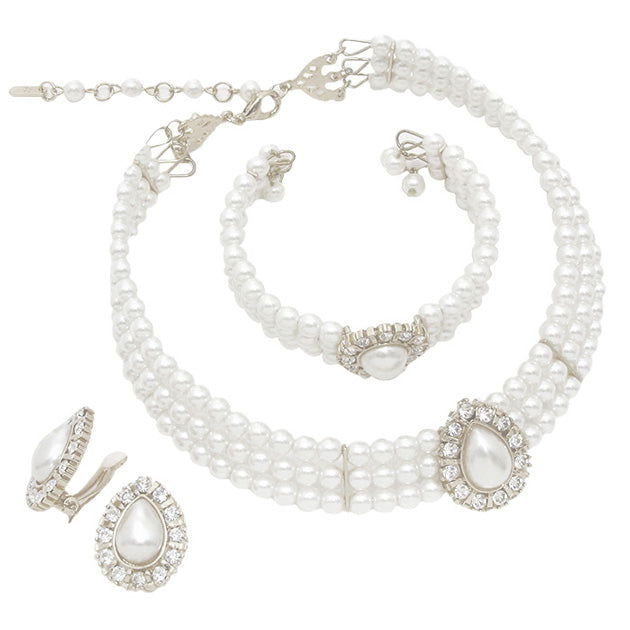 White 3pcs Teardrop Pearl Necklace Jewelry Set, These Necklace jewelry sets are Elegant. Beautifully crafted design adds a gorgeous glow to any outfit. Get ready with these 3row Pearl Necklace and a bright Bracelet. Suitable for wear Party, Wedding, Date Night or any special events. Perfect Birthday, Thank you Gift.