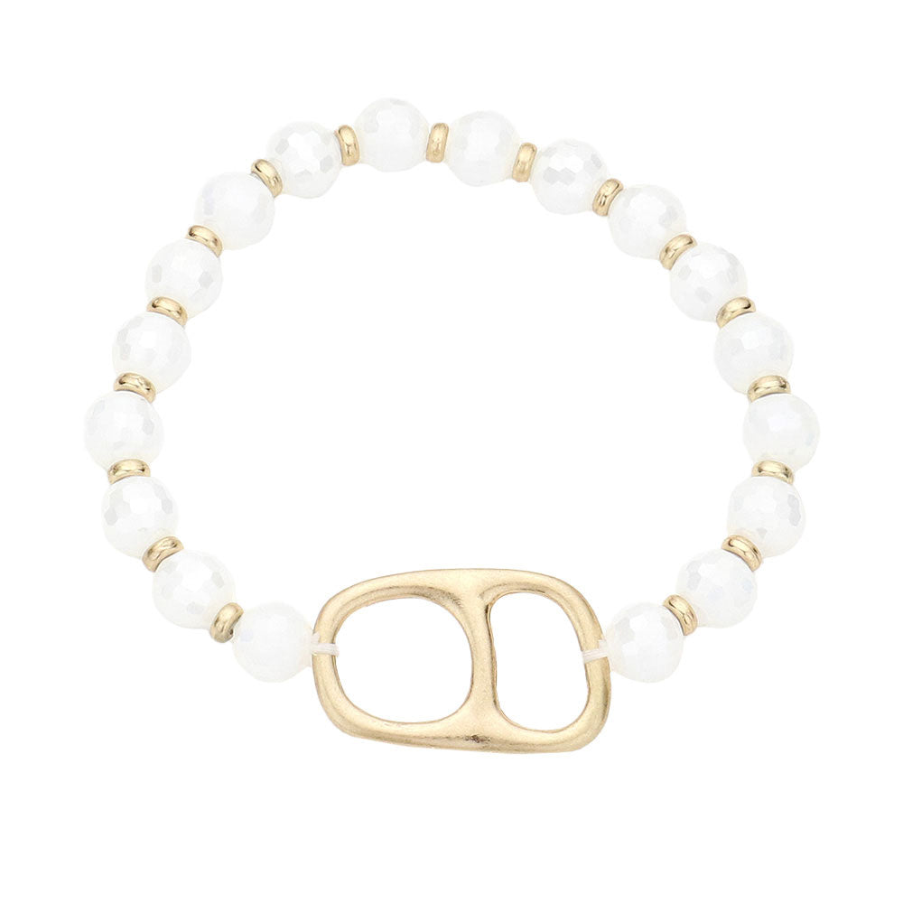 White Abstract Metal Accented Faceted Beaded Stretch Bracelet, this stunning faceted beaded open metal Accented bracelet can light up any outfit, and make you feel absolutely flawless. Fabulous fashion and sleek style adds a pop of pretty color to your attire, coordinate with any ensemble from business casual to everyday wear.