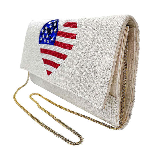 White American USA Flag Heart Seed Beaded Clutch Crossbody Bag. Look like the ultimate fashionista when carrying this small chic bag, great for when you need something small to carry or drop in your bag. Keep your keys handy & ready for opening doors as soon as you arrive. Perfect Birthday Gift, Anniversary Gift, Mother's Day Gift.