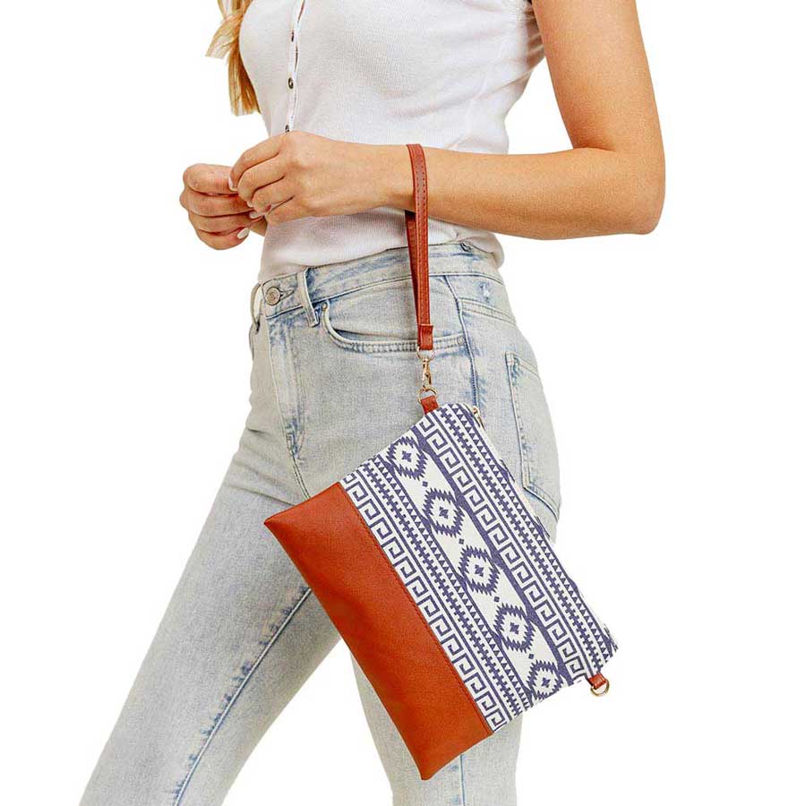 White Aztec Patterned Wristlet Clutch Crossbody Bag, The Crossbody bag with an Aztec pattern that will go with any outfit. perfect for makeup, money, credit cards, keys or coins, comes with a wristlet for easy carrying, light and simple. Put it in your bag and find it quickly with it's colors. Great for running small errands while keeping your hands free.