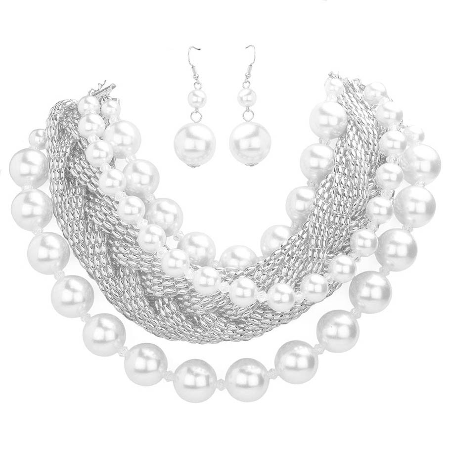 White Bold Metal Braided Triple Layered Pearl Necklace, get ready with this Pearl Necklace. The beautifully crafted design adds a gorgeous glow to any outfit. These gorgeous triple-layered Pearl pieces will show your class on any special occasion. The elegance of this accented necklace goes unmatched, great for wearing at a party! Perfect jewelry to enhance your look. Perfect for adding just the right amount of shimmer & shine and a touch of class to special events.