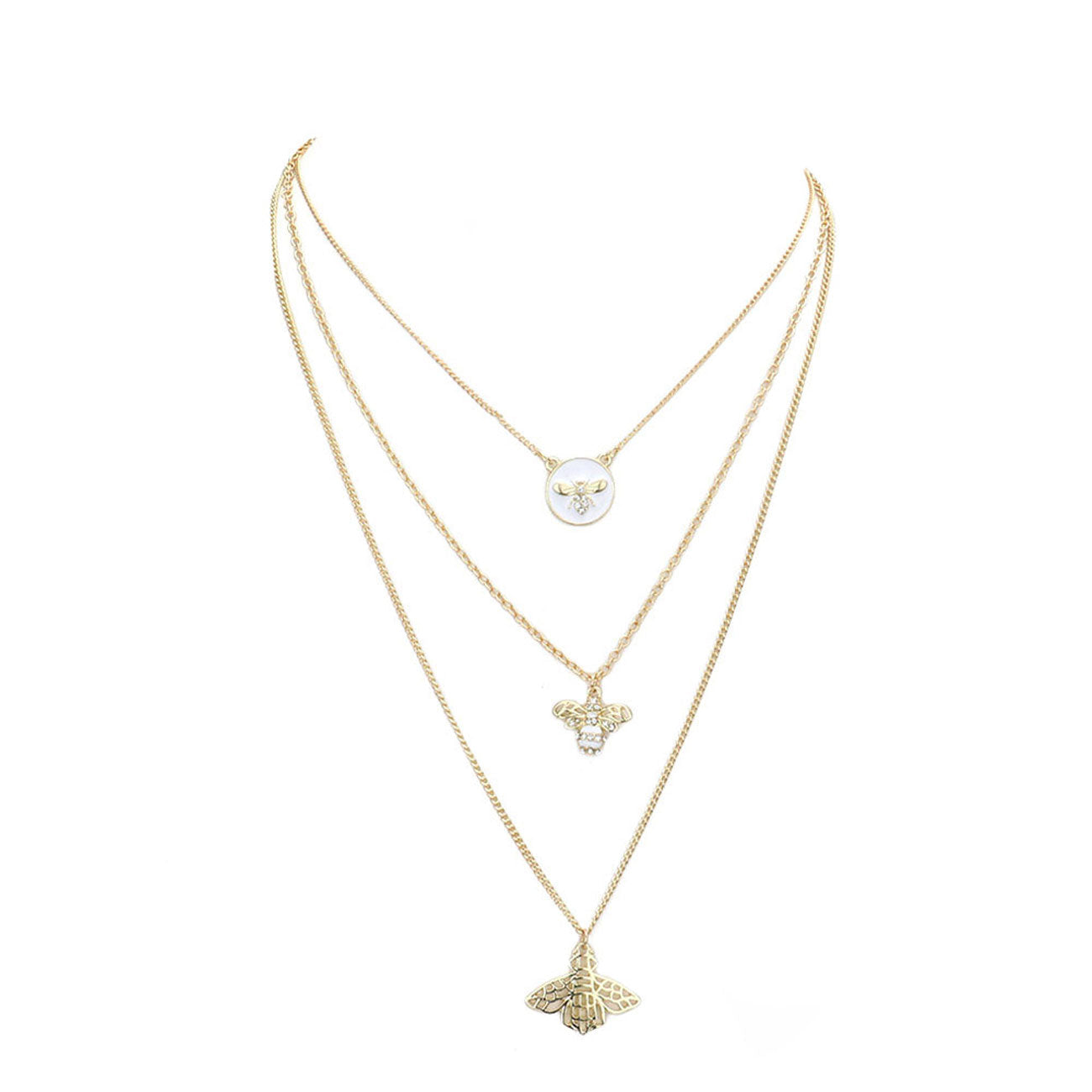 White Enamel Rhinestone Embellished Honey Bee Pendant Triple Layered Necklace, Get ready with these Pendant Triple Layered Necklace, put on a pop of color to complete your ensemble. Perfect for adding just the right amount of shimmer & shine. Perfect Birthday Gift, Anniversary Gift, Mother's Day Gift, Graduation Gift.