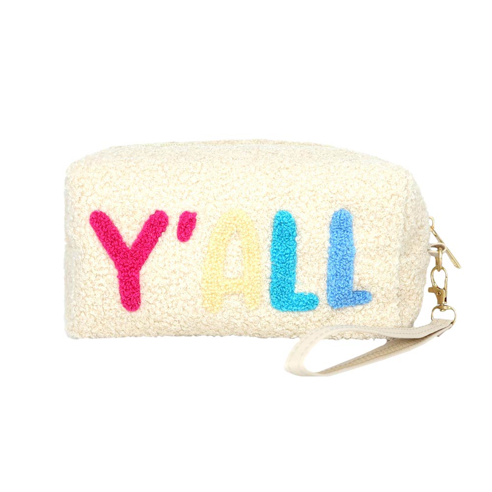 White Faux Fur Yall Pouch With Wristlet, this cute and message-containing wristlet goes with any outfit and shows your trendy choice to make you stand out. perfect for carrying makeup, money, credit cards, keys or coins, etc. Comes with a wristlet for easy carrying. It's perfectly lightweight and simple. Put it in your bag and find it quickly with its eye-catchy colors. Great for running small errands while keeping your hands