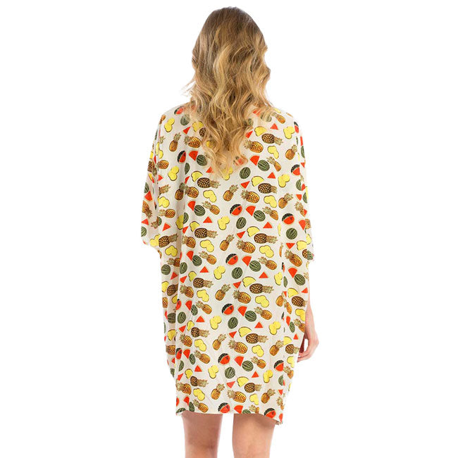 White Fruit Print Cover Up Poncho, These Poncho featuring a mixture of Fruit design prints easy to pair with so many tops! open front and a flowy silhouette. Wear over your favorite blouse and slacks to show off your trendsetting style. Throw it over you bathing suit for quick cover-up at the beach or pool. Great for dating, hanging out, vacation, holiday, outwear. Perfect Gift for Wife, Birthday, Holiday, Anniversary, Fun Night Out.