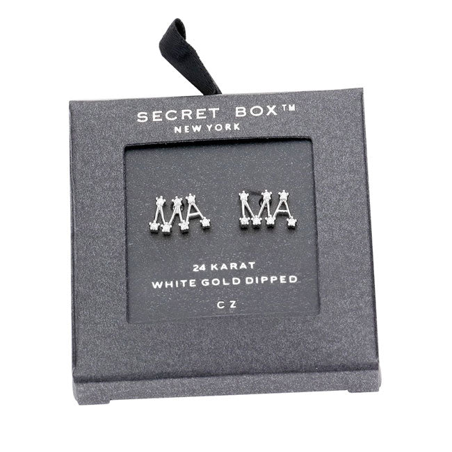 White Gold Secret Box Sterling Silver Dipped CZ Metal MAMA Stud Earrings. The perfect assortment of beautiful earrings, pair these glitzy studs with any ensemble for a polished & sophisticated look.Make your mom feel special with this gorgeous earrings gift! Her heart will swell with joy! Ideal for dates, Birthday Gift, Anniversary Gift, Mother's Day Gift, Graduation Gift, Just Because Gift, Thank you Gift.