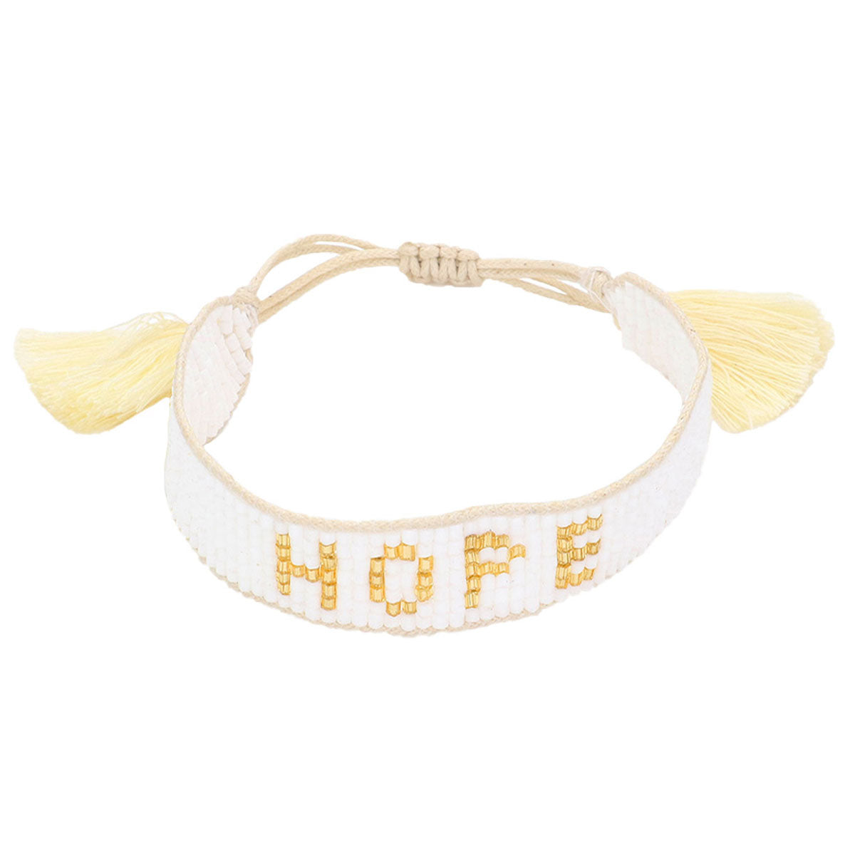 White Hope Message Beaded Tassel Cinch Bracelet. Get ready with this tassel cinch Bracelets, put on a pop of color to complete your ensemble. Perfect for adding just the right amount of shimmer & shine and a touch of class to special events. Perfect Birthday Gift, Anniversary Gift, Mother's Day Gift, Thank you Gift.