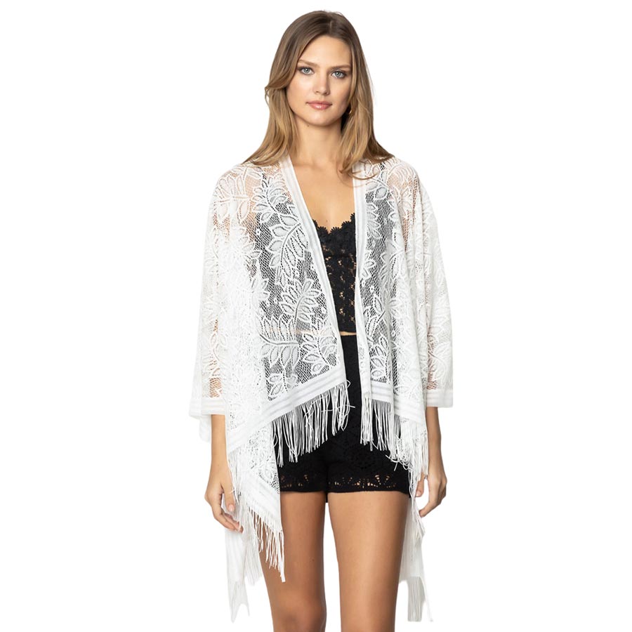 White Leaf Lace Cover Up Kimono Poncho, an attractive pearl embellished Poncho that is made of soft and breathable material, amps up your beauty with a perfect attraction everywhere. Its eye-catchy design makes you stand out every time. Perfect Gift for Wife, Mom, lover, and care for their Birthday, Fun Night Out, etc.