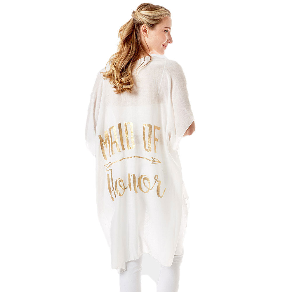 White Maid of Honor Solid Lettering Cover Up Poncho, The lightweight poncho top is made of soft and breathable Viscose material. short sleeve swimsuit cover up with open front design, simple basic style, easy to put on and down. Perfect Gift for Wife, Mom, Birthday, Holiday, Anniversary, Fun Night Out.
