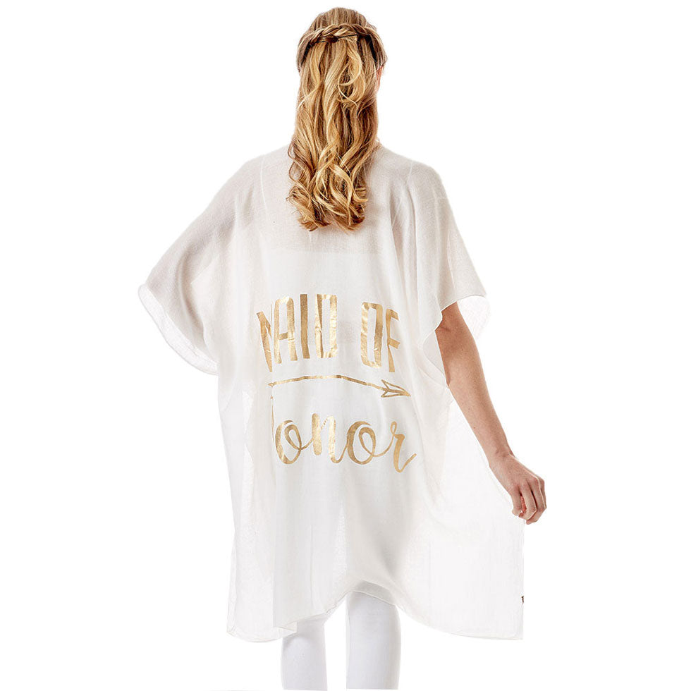 White Maid of Honor Solid Lettering Cover Up Poncho, The lightweight poncho top is made of soft and breathable Viscose material. short sleeve swimsuit cover up with open front design, simple basic style, easy to put on and down. Perfect Gift for Wife, Mom, Birthday, Holiday, Anniversary, Fun Night Out.