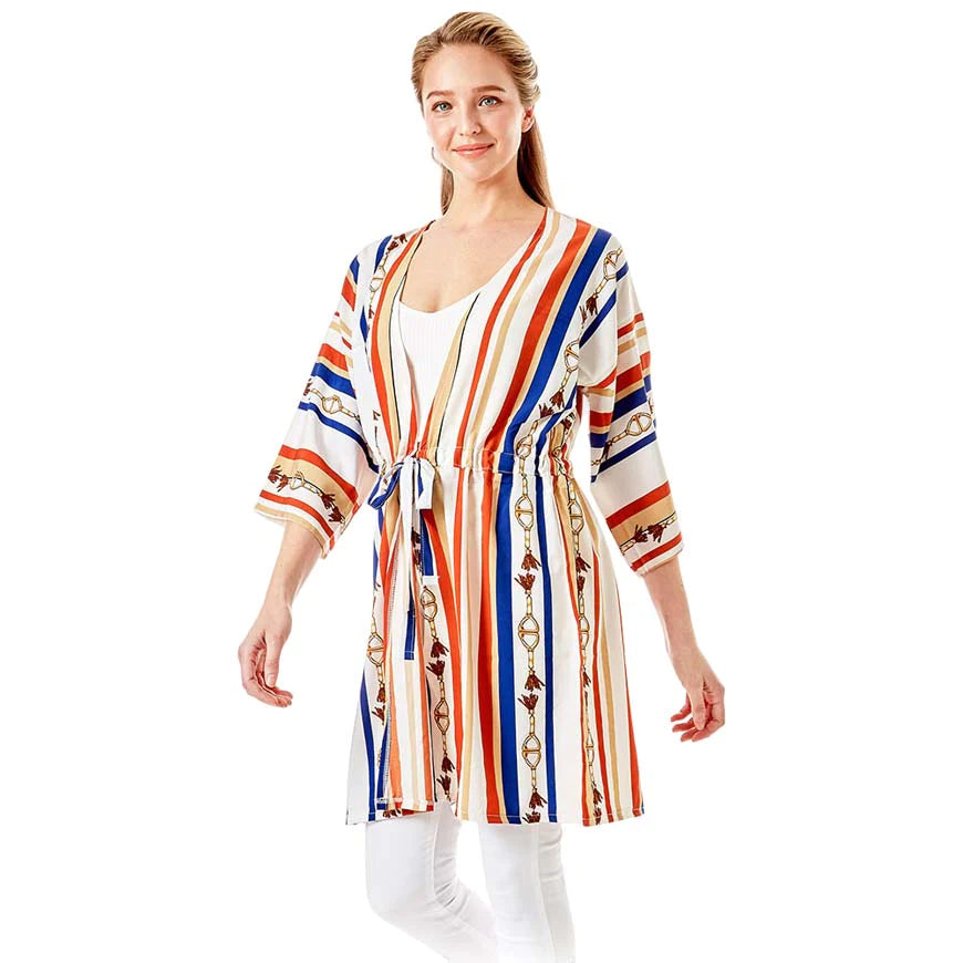 White Multi Color Stripe Cover Up Kimono Poncho, The lightweight Kimono poncho top is made of soft and breathable Polyester material. short sleeve swimsuit cover up with open front design, simple basic style, easy to put on and down. Perfect Gift for Wife, Mom, Birthday, Holiday, Anniversary, Fun Night Out.