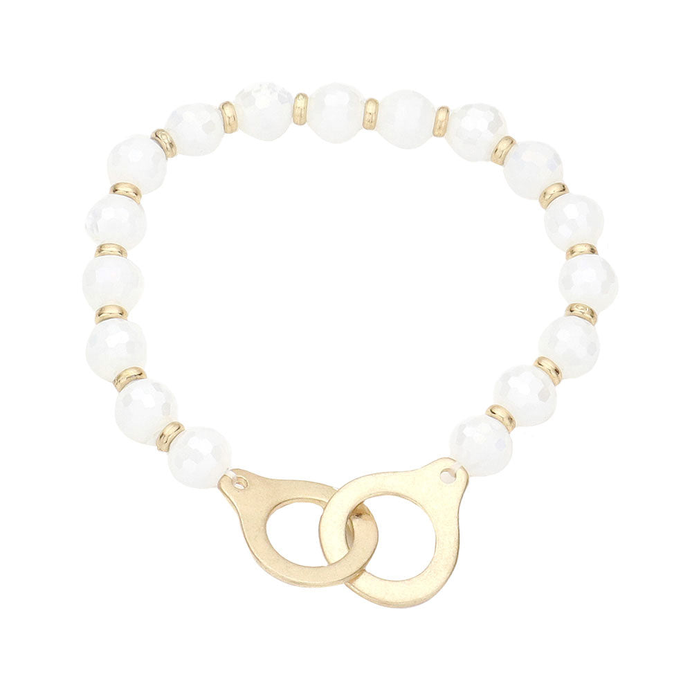 White Open Metal Link Accented Faceted Beaded Stretch Bracelet, this stunning faceted beaded open metal Accented bracelet can light up any outfit, and make you feel absolutely flawless. Fabulous fashion and sleek style adds a pop of pretty color to your attire, coordinate with any ensemble from business casual to everyday wear.