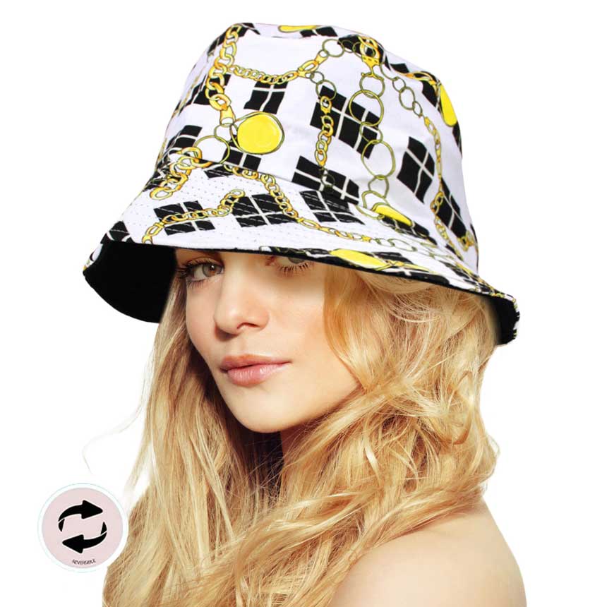 White Trendy Reversible Chain Patterned Bucket Hat, Keep your styles on even when you are relaxing at the pool or playing at the beach. Large, comfortable, and perfect for keeping the sun off of your face, neck, and shoulders. Perfect summer, beach accessory. Ideal for travelers who are on vacation or just spending some time in the great outdoors. A great Bucket hat can keep you cool and comfortable even when the sun is high in the sky.