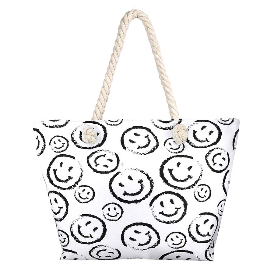 White Smile Face Print Beach Tote Bag, This Smile Face Print Beach Tote Bag is versatile enough for wearing through the week, simple and leisurely, elegant and fashionable, suitable for women of all ages, and ultra-lightweight to carry around all day. Perfect for beach, parties, and other outdoor activities in daily life.