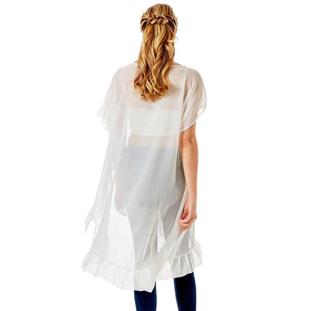 White Solid Color Half Ruffled Cover-Up Poncho, This lightweight ponchos for women have plenty of stretch with lovely draping. The added ruffle edge gives better coverage with a feminine look. Feel sexy and comfortable no matter where you are. This unique poncho top can be worn in a variety of ways. A warp poncho that will complement every outfit you own. Suitable for Summer wrap, travel vacation, Beach, Party, Club, Night, Evening, Date, Casual and Other Occasions in Spring, Summer and Autumn.