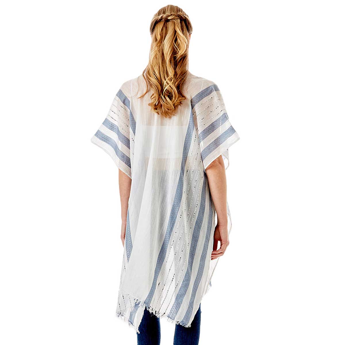 White Striped Lurex Cover Up Poncho Kimono Poncho. Lightweight and soft brushed fabric exterior fabric that make you feel more warm and comfortable. Cute and trendy poncho for women. Great for dating, hanging out, daily wear, vacation, travel, shopping, holiday attire, office, work, outwear, fall, spring or early winter. Perfect Gift for Wife, Mom, Birthday, Holiday, Anniversary, Fun Night Out.
