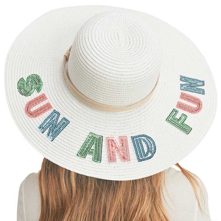 White Sun And Fun Sequin Message Straw Panama Sun Hat, a beautiful & comfortable Straw Panama Sun Hat is suitable for summer wear to amp up your beauty & make you more comfortable everywhere. Perfect for keeping the sun off your face, and neck. It's an excellent gift item for your friends & family or loved ones this summer.