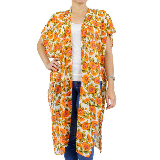 White Sunflower Printed Cover Up Kimono Poncho. Lightweight and soft brushed exterior fabric that make you feel more comfortable. Great for dating, hanging out, daily wear, vacation, travel, shopping, holiday attire, office, work, outwear, fall, spring or early winter. Perfect Gift for Wife, Mom, Birthday, Holiday, Anniversary, Fun Night Out.