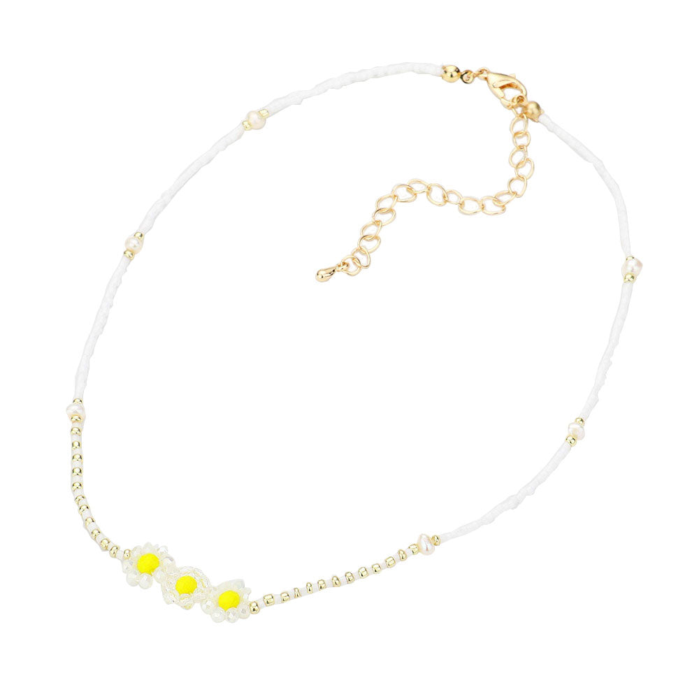 White Triple Flower Accented Freshwater Pearl Station Necklace, Get ready with these Pearl Necklace, put on a pop of color to complete your ensemble. Perfect for adding just the right amount of shimmer & shine and a touch of class to special events. Perfect Birthday Gift, Anniversary Gift, Valentine's Day Gift.