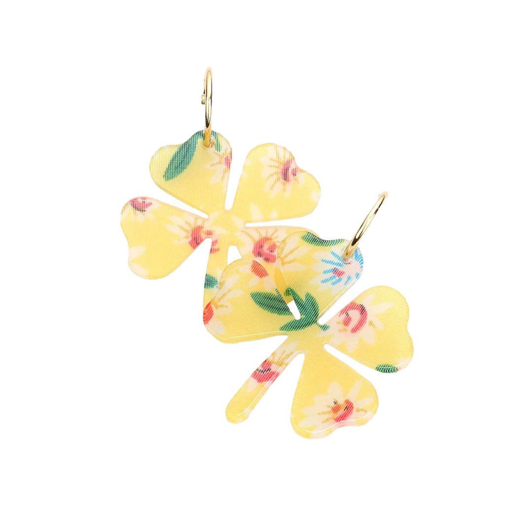 Yellow Flower Patterned Resin Clover Dangle Earrings. Look like the ultimate fashionista with these Earrings! Add something special to your outfit! It will be your new favorite accessory. Perfect Birthday Gift, Mother's Day Gift, Anniversary Gift, Graduation Gift, Prom Jewelry, Just Because Gift, Thank you Gift.